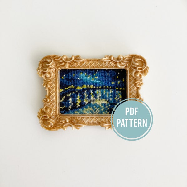 Starry Night Over the Rhône Cross-stitch pattern, mini art, PDF download, Vincent Van Gogh