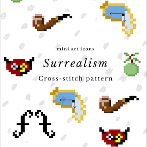 Peut inclure: Fond blanc avec des icônes pixélisées d'une pipe, d'un hibou, d'une horloge fondante et d'autres objets surréalistes. Le texte indique "mini art icons", "Surréalisme" et "motif de point de croix". Le design a un thème artistique et fantaisiste.