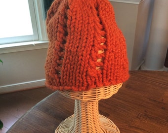 Hat, Hand Knit Hat, Orange, Chunky, Eyelet Pattern