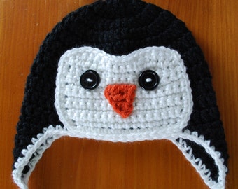 Chapeau de pingouin, chapeau d’animal, chapeau de caractère, crochet de chapeau de pingouin, chapeau de pingouin de crochet de main, chapeau d’earflap de écouteur de crochet, chapeau d’earflap de pingouin