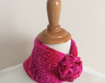 Hand Knit Scarf - Hand Knit Cowl - Hand Knit Neck Warmer - Hand Knit Headband - Hand Knit Ear Warmer - Hand Knit - Pink - with Flower