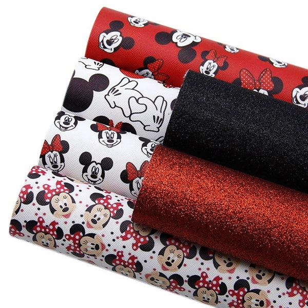 Disney Minnie Mickey Red & Black Glitter Canvas Printed Sheet   Faux Leather Fabric sheet bow making 91
