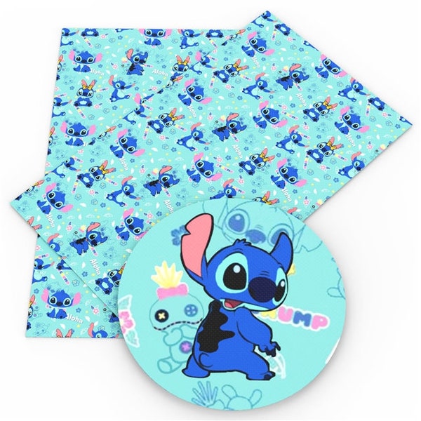 Disney scintillant scintillant ou litchi Stitch sur bleu, feuille de paillettes bleues imitation cuir feuille de tissu faisant un noeud 170