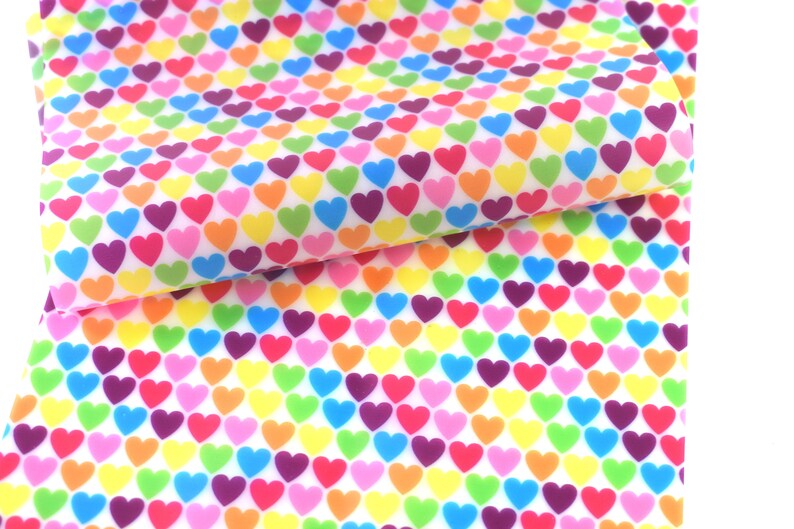 Smooth Silicone Jelly Rainbow Hearts Waterproof Printed Sheet Faux Canvas Leather Fabric sheet bow making etc 10216
