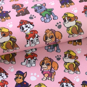 Paw Patrol Skye, Chase, Marshall, Rocky, Rubble & Zuma on Pink Printed Sheet  Faux Canvas Leather Fabric sheet bow making 6