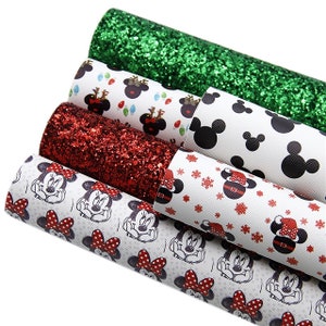 Christmas Disney Minnie Mickey Red & Green Glitter Printed Sheet Faux Leather Fabric bow making 211
