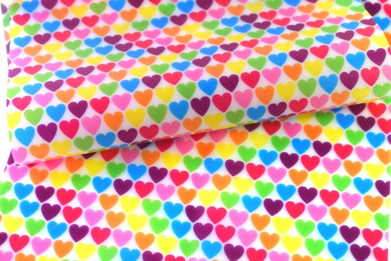 Smooth Silicone Jelly Rainbow Hearts Waterproof Printed Sheet Faux Canvas Leather Fabric sheet bow making etc 10216