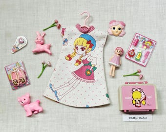 Vintage Girl Anime Cotton Dress for Neo Blythe, Licca, Ruruko Dolls