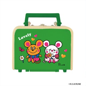 May include: A green, rectangular, metal lunchbox with a handle. The lunchbox has a cartoon image of two mice on the front. The mouse on the left is wearing a pink and orange outfit and the mouse on the right is wearing a white dress with pink polka dots. The text "Lovely" is on the top left of the lunchbox and the text "Rune" is on the bottom right.