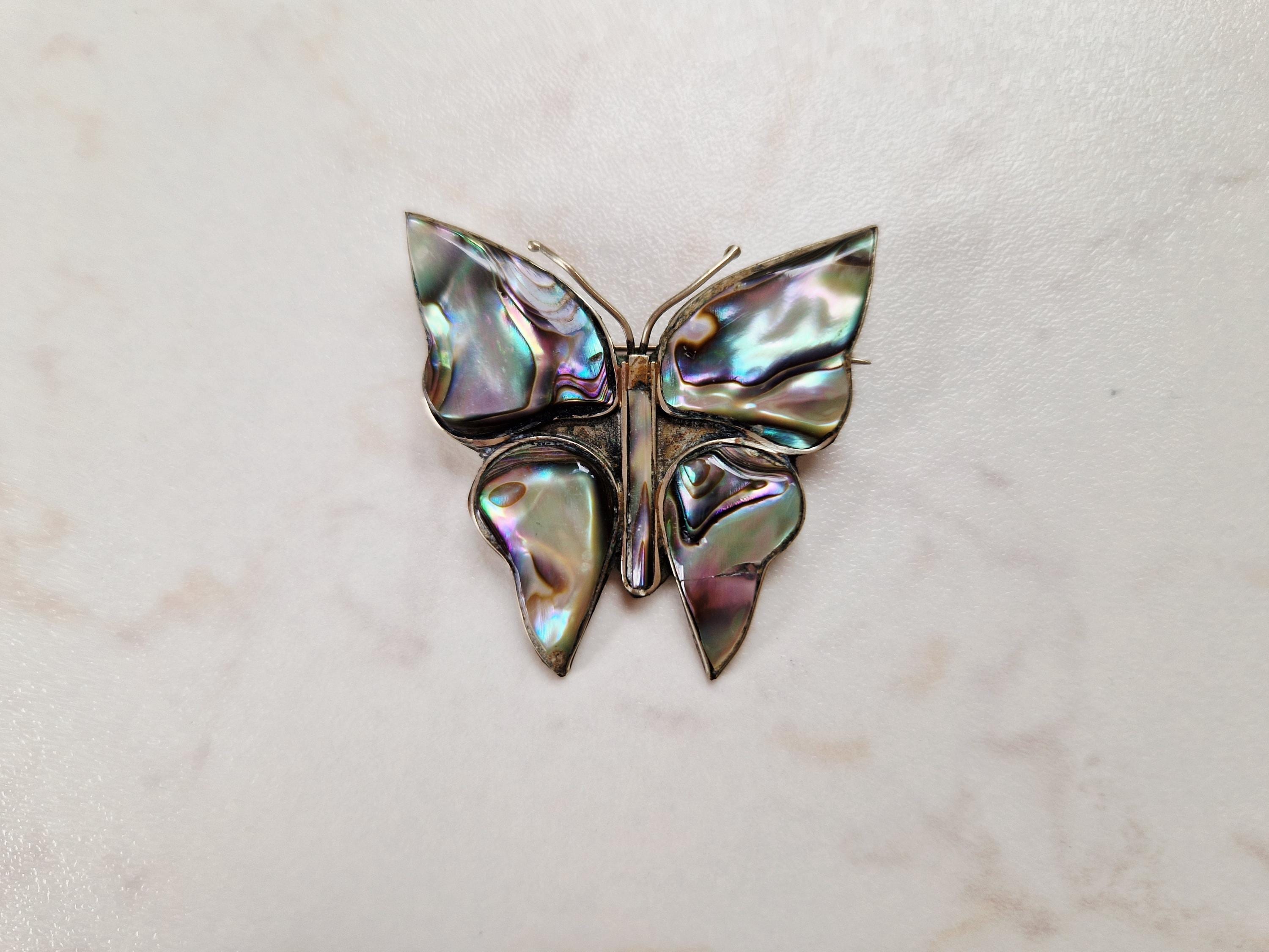 ☑️ Vintage Taxco Mexico Alpaca Silver Abalone Butterfly Barrettes Set of 3 Abalone shell alpaca Mexico butterfly brooch in Antique Brooches main image 3