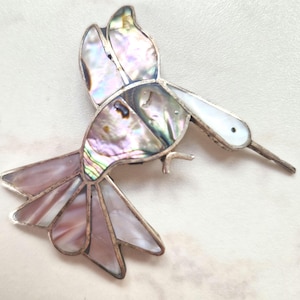Vintage Alpaca Mexico Hummingbird Brooch | Abalone & Mother of Pearl Inlay | Silver Tone Bird Pin | Mexican Artisan Jewellery