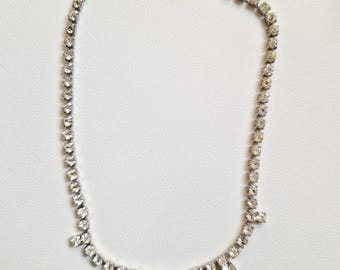Vintage Rhinestone Necklace | Silver Tone Choker with Dangling Crystals | 1950s Evening Jewellery