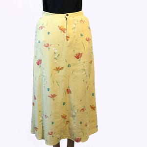 1980s Vintage Linen Skirt: Yellow Floral Print, Size 10