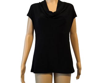 Y2K Black Cowl Neck Blouse: Capped Sleeves, Medium Size