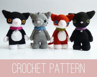 May include: Four crocheted cat amigurumi toys. The cats are black and white, gray, orange and white, and black. Each cat has a bell on its collar.