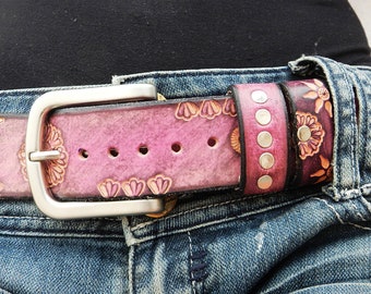 Skinny Washed Pink Belt, Light Pink Genuine Leather Belt  display picture 3