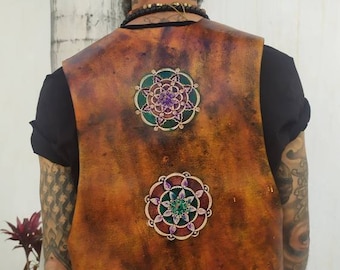 Leather vest, men's vests, sacred geometry vest.