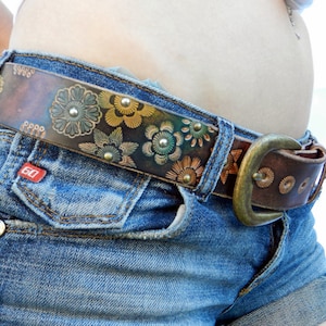 Leather belt, thin leather belt, leather rustic flowers and studs