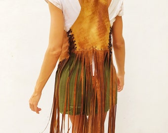Bruin leren damesvest met franjes, boho westernvest, handgemaakt cowgirlvest, festivalvest