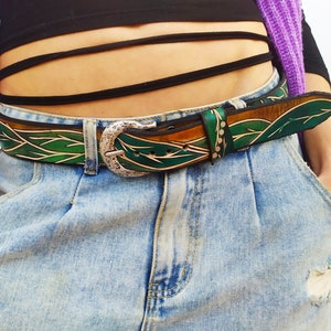 Pixie belt, leaves belt, green leaves leather belt.