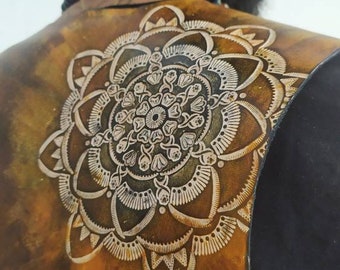 Men's vest, men's brown vest, leather vests, sacred geometry.