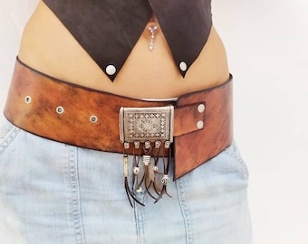 Wide Brown Leather Belt for Women, Boho Hip and Waist Belt