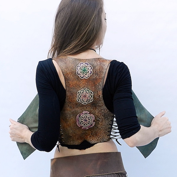 Women's Leather Vest, Boho Pixie Vest, Tribal Festival Vest, Handmade Mandala Leather Vest