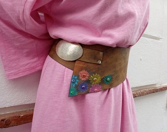 Wide Brown Leather Belt for Women, Handmade Floral Hip Belt, Asymmetric Boho Waist Belt