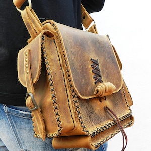 Bolso de cuero, bolso de cuero de hombre, bolso de cuero mujer. Bolso de cuero rústico, marrón. Bolso bolsillo secreto. Riñonera de cuero.