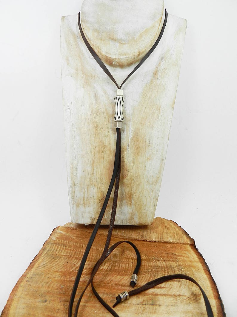 Style boho leather necklace. Long leather piece of zinc alloy Etsy