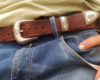 Men's Brown Leather Belt, Unisex Narrow Leather Belt for Jeans, Handmade Belt with Silver Tone Buckle