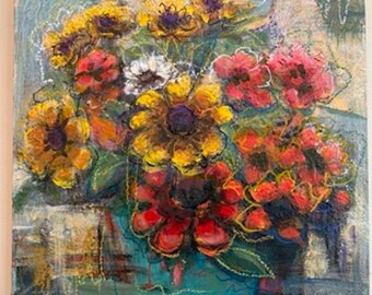 May include: A square canvas painting featuring a vibrant bouquet of flowers in shades of yellow, orange, red, and white. The blossoms have dark centers and are arranged in a teal vase. The background is textured with muted blue and grey tones.
