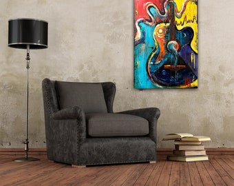 May include: Abstract painting of a guitar with bright colors, including blue, yellow, red, and orange. The guitar is painted in a stylized way, with the strings and body of the guitar appearing as abstract shapes.