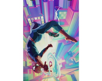 May include: A vertical poster featuring a stylized illustration of a superhero in a red and blue suit swinging through a vibrant city. The urban background consists of geometric buildings rendered in bright shades of purple, pink, and teal.
