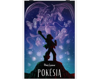 May include: A vertical poster featuring a silhouette of a trainer standing on a rocky mound against a dark blue gradient background. Above, various purple-toned creature illustrations appear. The text reads The Poke League presents POKÉSIA.