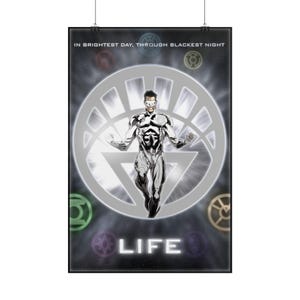 May include: A vertical poster featuring a central figure in a white suit and mask, positioned in front of a large white lantern symbol. The text reads IN BRIGHTEST DAY, THROUGH BLACKEST NIGHT and LIFE. Colourful circular emblems surround the central figure.