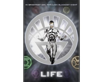 May include: A vertical poster featuring a central figure in a white suit and mask, positioned in front of a large white lantern symbol. The text reads IN BRIGHTEST DAY, THROUGH BLACKEST NIGHT and LIFE. Colorful circular emblems surround the central figure.