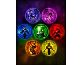 May include: A vertical poster featuring seven circular emblems arranged in a pattern against a dark, starry background. Each emblem glows in a distinct color—blue, purple, light blue, green, red, orange, and yellow—containing a unique character.