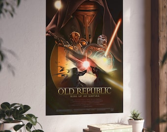 May include: A vertical poster featuring Star Wars The Old Republic Rise of an Empire artwork. The design displays a masked figure in a dark hood, a golden armored character, and a silver-masked figure with a glowing orange lightsaber blade.