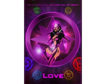 May include: A vertical poster featuring a central purple circular emblem with a star, surrounding a figure in a purple suit. The text reads FOR HEARTS LONG LOST AND FULL OF FRIGHT and LOVE. Smaller colored circular symbols are arranged around the center.