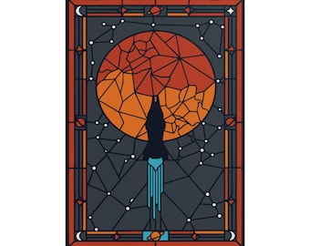 May include: A rectangular wall poster featuring a stained glass style design. A dark blue rocket launches upward against a large orange circular planet. The background is dark gray with white constellation lines. A red border frames the entire image.