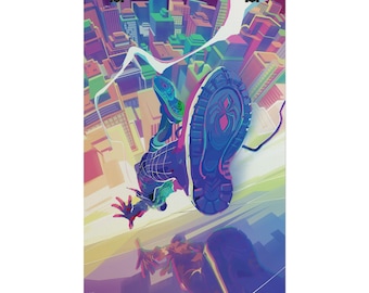 May include: A vertical poster featuring a stylized illustration of a figure in a dark suit with a spider emblem on the sole of their shoe, leaping over a colorful, abstract cityscape with purple, pink, and green buildings and white web lines.
