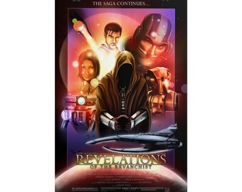 May include: A vertical poster titled The Old Republic Revelations of the Revanchist featuring a central hooded figure, a man, a woman, a droid, and a masked character. A spaceship flies above a planet with the text The Saga Continues at the top.