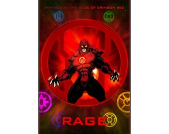 May include: A vertical poster featuring a muscular red creature with sharp claws and a glowing red chest emblem. The text "WITH BLOOD AND RAGE OF CRIMSON RED" appears at the top, and "RAGE" at the bottom, surrounded by various colored circular symbols.