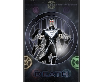 May include: A vertical poster featuring a central figure in a black and white suit with a white S-shield emblem, red eyes, and a tattered cape. The background displays a circular emblem and various colored lantern symbols with the text THE BLACKEST NIGHT FALLS FROM THE SKIES and DEATH.