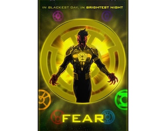 May include: A vertical poster featuring a character in a yellow and black suit with a glowing yellow emblem on the chest. The background displays a large yellow circular symbol, smaller colored emblems, and the text IN BLACKEST DAY, IN BRIGHTEST NIGHT FEAR.
