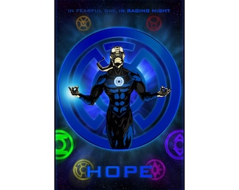 May include: A vertical poster featuring a central figure in a dark blue suit with a glowing blue chest emblem, surrounded by a large blue circular symbol. The text reads IN FEARFUL DAY, IN RAGING NIGHT and HOPE, with colorful lantern icons.
