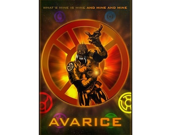 May include: A vertical poster featuring a central orange circular emblem with a creature in armor. The text reads WHAT'S MINE IS MINE AND MINE AND MINE at the top and AVARICE at the bottom. Six smaller colored circular symbols surround the center.