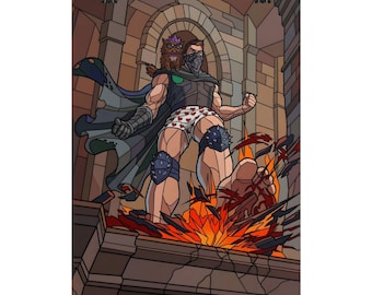 May include: A digital illustration of a muscular figure wearing a dark cape, a bandana mask, and white boxers with red hearts. A small brown creature with glasses sits on the figure's shoulder. The figure stands amidst orange flames and stone ruins.