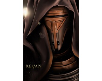 May include: A digital art print featuring a character wearing a dark brown hooded cloak and a metallic bronze-colored mask with geometric paneling. The name REVAN is printed in gold lettering at the bottom left against a dark, starry background.